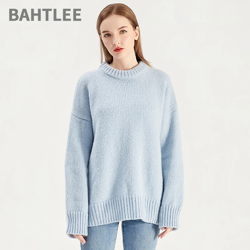 BAHTLEE-Women\'s Mohair Wool Knitted Pullovers, Long Sleeves, Loose Sweater, Coarse Yam, O-Neck, Thick, Keep Warm, Winter, Autumn