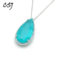 CSJ Elegant Paraiba Tourmaline Necklace Created Gemstone Pendant Big Stone Pear12*25mm for Women Fine Jewelry Party Wedding Gift