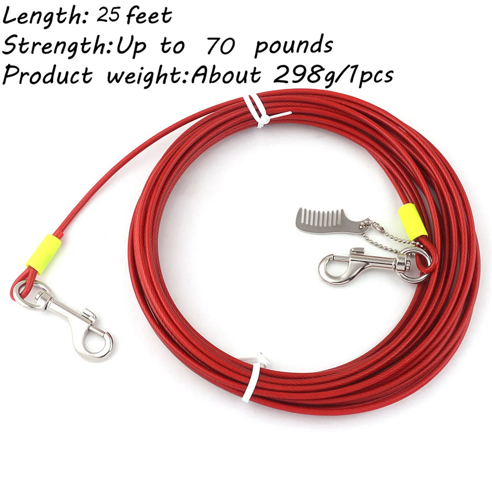 Tie Out Strong Dog Leash Lead Red Pet Cable for Dogs Up to 70 LBS 25 Feet pet Drag Leash Rope Outdoor Camping Collar Hardware