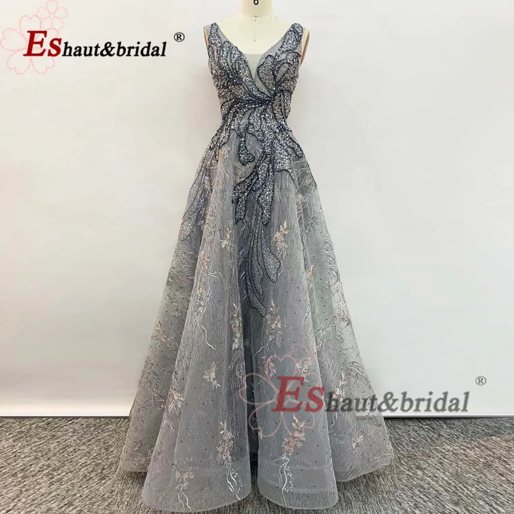 Elegant Dubai Aline Evening Dress for Women 2024 Lace Crystal Handmade V Neck Sleeveless Long Formal Prom Party Gown Customized