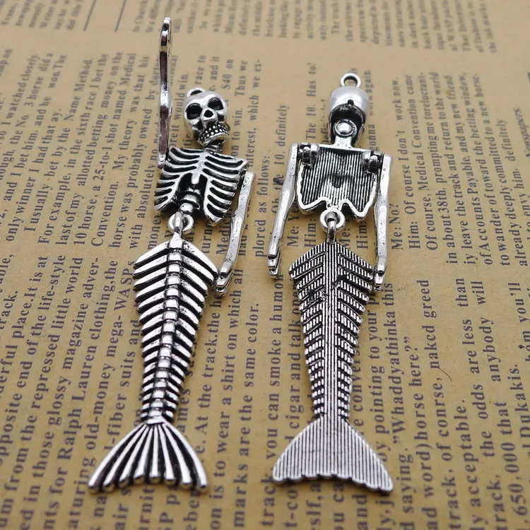 2pcs/Lot 18x75mm Retro Style Arm Adjustable Mermaid Skeleton Pendant Punk Necklaces DIY Charm Metal Jewelry Crafts Making