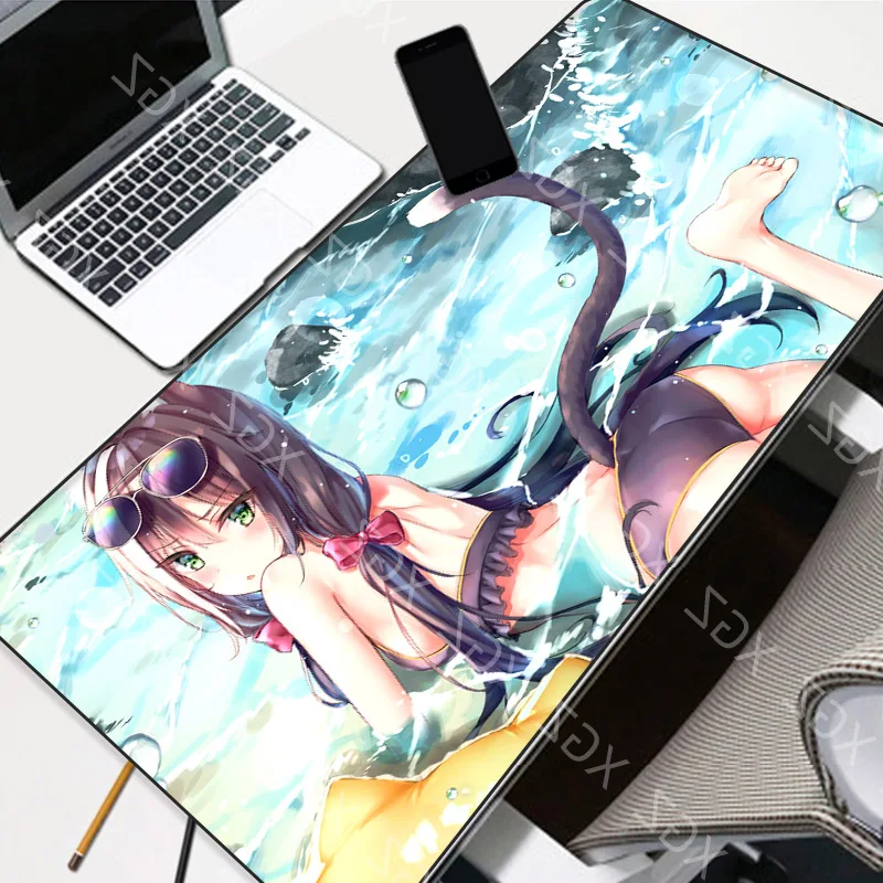 XGZ Anime Sexy Bowknot Girl Large Computer Desk Mat Black Lock Edge Fairy Tail Mouse Pad Non-slip for Lol Dota Gamer XXL