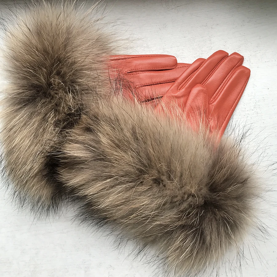 Real Raccoon Fur Gloves Women\'s Genuine Leather Gloves Fox Fur Big Raccoon Fur Sheepskin  Gloves Female Winter Velvet Warm Touch