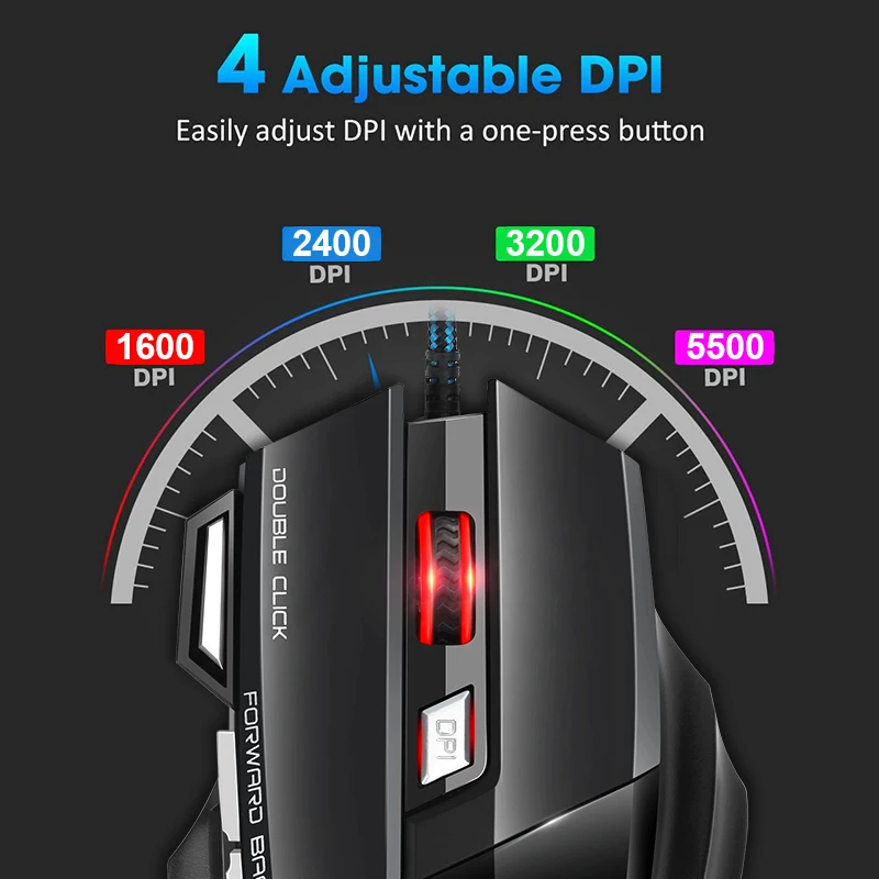 Souris d\'ordinateur de jeu, Gamer, ergonomique, prise filaire USB,, modèle Mause 5500 DPI, silencieuse avec LED rétro-éclairage 7 bouton pour