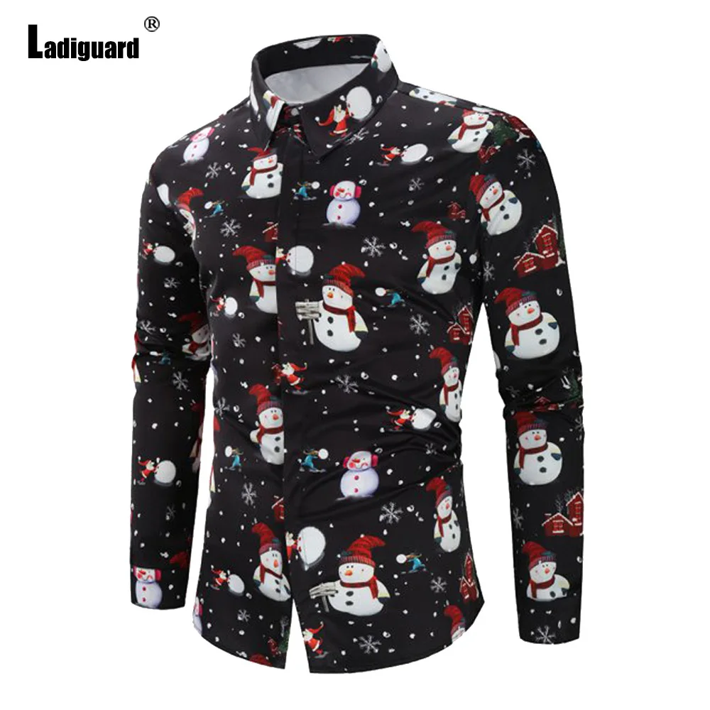 Ladiguard New Casual Shirt blusas Mens Streetwear 2021 Single-breasted Top Long Sleeve Holiday Christmas Print Mens Blouse Homme