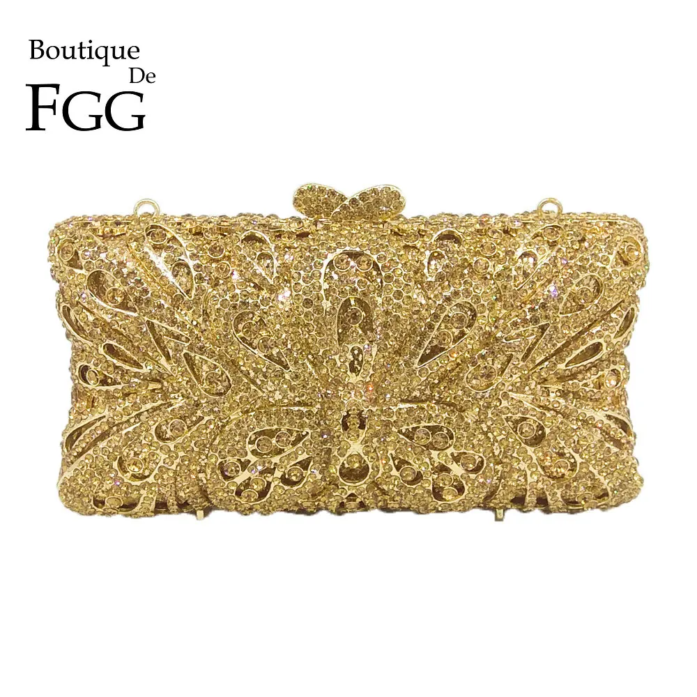 

Boutique De FGG Hollow Out Butterfly Women Gold Crystal Evening Clutch Minaudiere Bag Wedding Cocktail Metal Handbag Purse