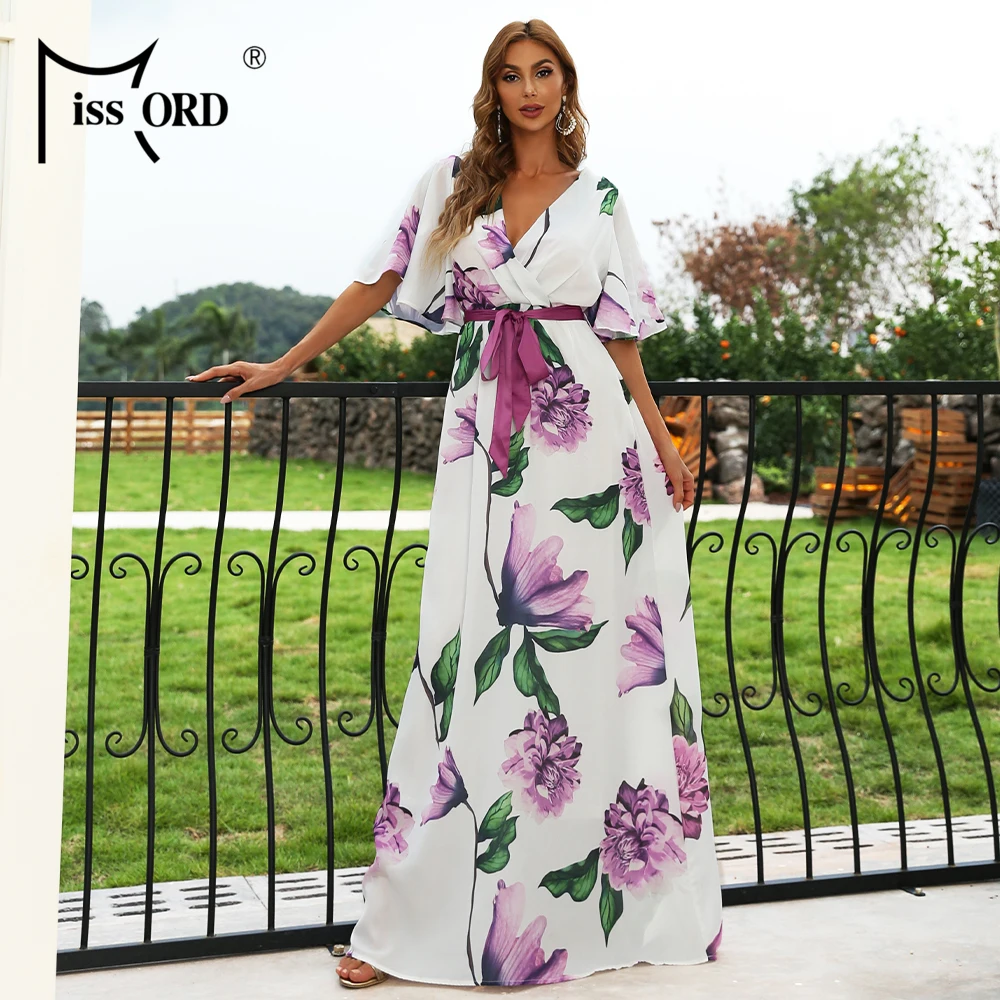 Missord Summer Women Long Dress Floral Print Short Butterfly Sleeves V Neck Belted Boho Beach Holiday Casual Dresses