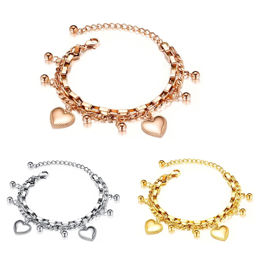 Neue Edelstahl Mädchen Armbänder Frauen Geschenk mehr schicht ige stilvolle Herz Charm Armband verstellbar Bestseller