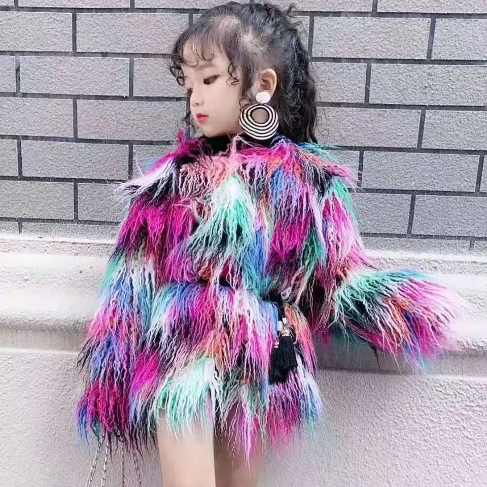 Girls Fur Jacket Kids Colored Fur Jacket Fall Winter Children Clothing Faux Beach Wool Thicken Jacket Girls Fake Fur Jacket