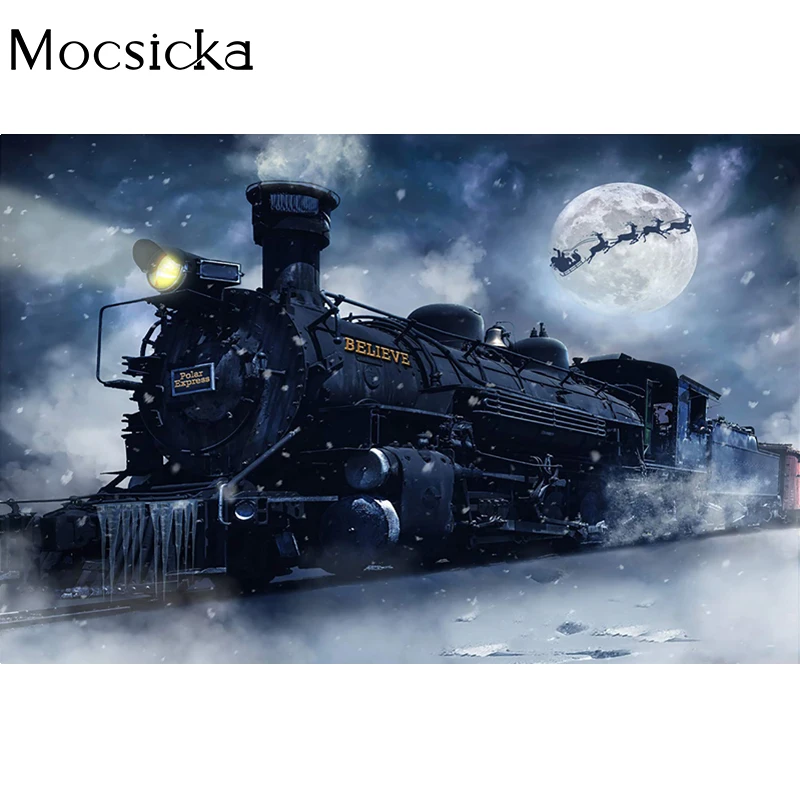 Christmas Backdrop Moon Decor Sleigh Snowflake Xmas Day Party Photo Background Birthday Party Banner Polar Express Train Photo