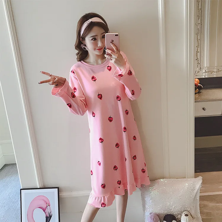 

Ladies pajamas autumn new home clothes cotton long-sleeved cartoon nightdress casual nightdress cute nightdress cool breathable