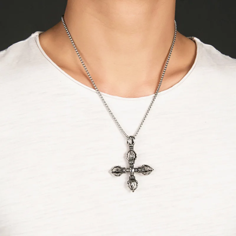 Punk Stainless Steel Mantra Vajra Jiang Mochu Pendant Necklace for Men Buddhist jewelry