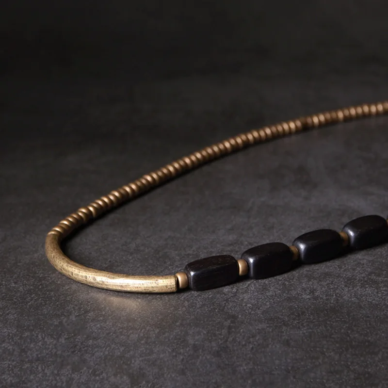 Multi Layer Handcrafted Brass Tube Ebony Strip Beads Bracelet Black Wood  Wristbands For Men Women Metal Necklace Wrist Ornament