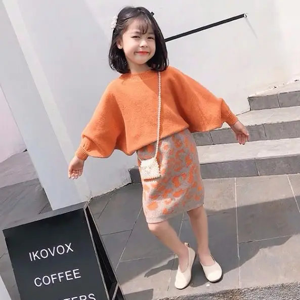 2021 Baby Girl fashion clothing set knitted sweater+leopard skirt Kids autumn Winter solft sweaters suits Children Clothes