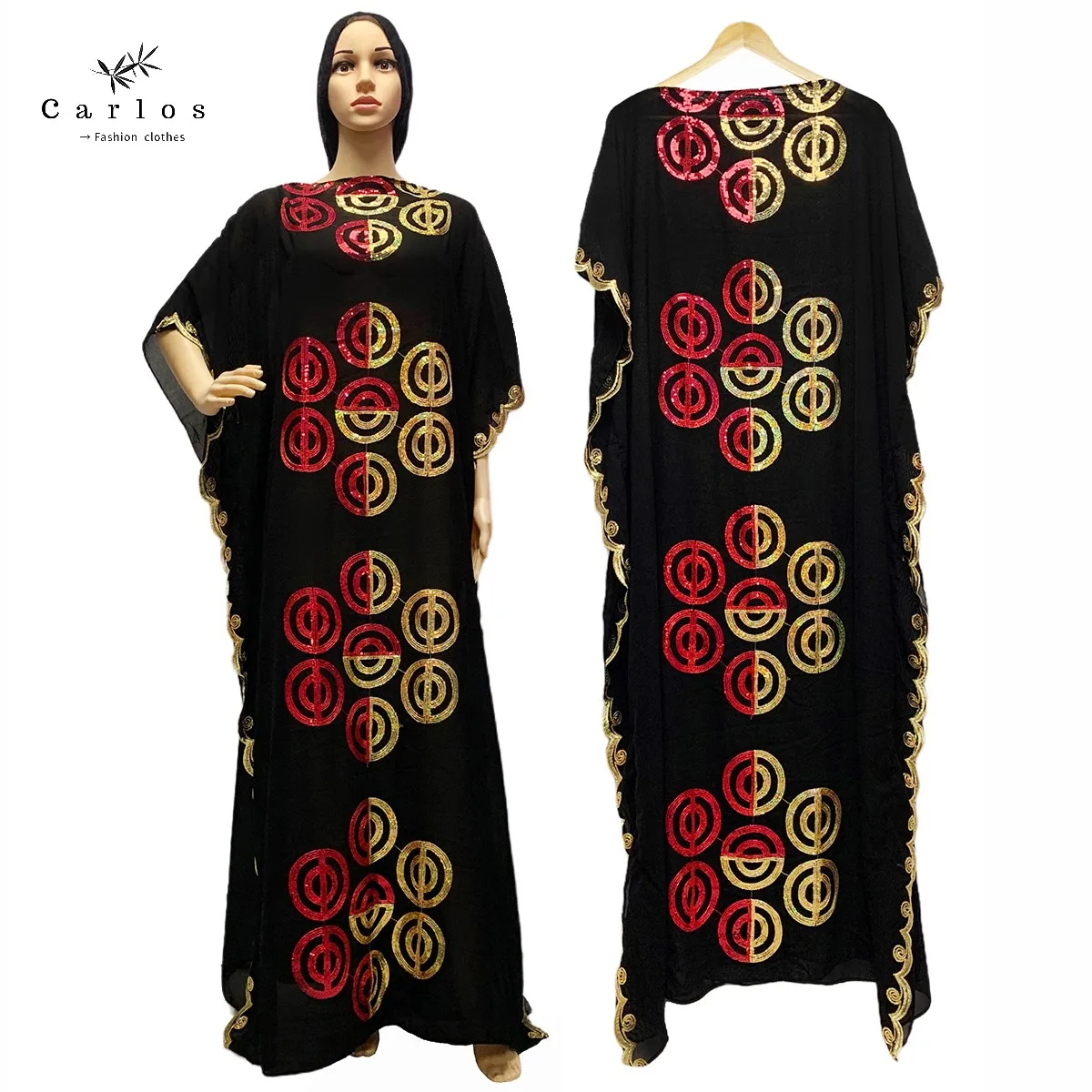 2022 New Women Muslim Sequin Embroidery Long Black Lady Clothes Fashion New Arrival African Embroidery Flower Dresse With Scarf