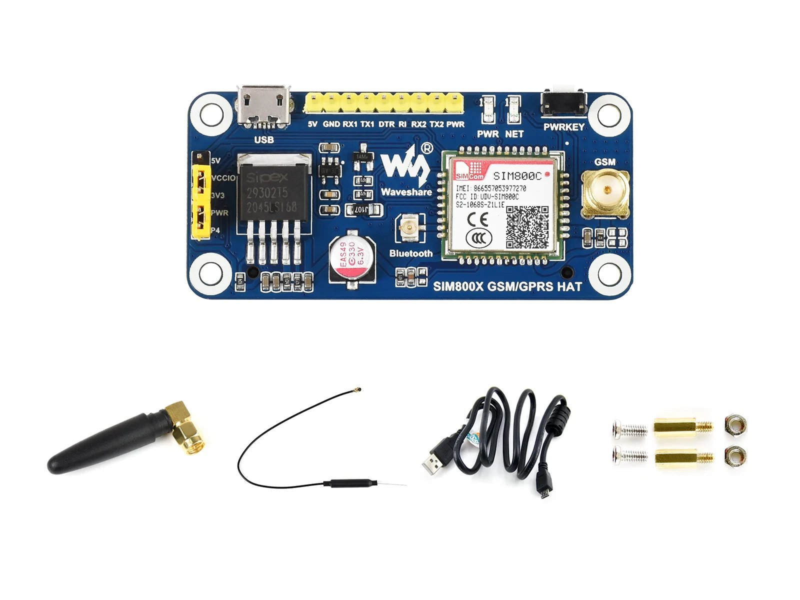 

SIM800C GSM/GPRS/Bluetooth HAT For Raspberry Pi,2G Communication,Bluetooth Data Transmission,Supports SMS,GPRS,DTMF,HTTP etc.