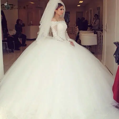 Customized Lovely Off The Should Long Sleeves Lace Appliques Wedding Dresses Floor Length Ballgown Tulle Bridal Gowns