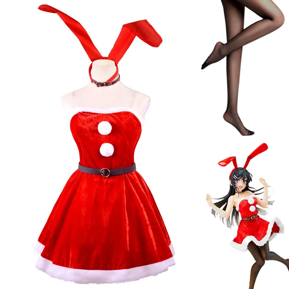 

Christmas Dresses for Women Girls Anime Mai Sakurajima Bunny Cosplay Costume Velvet Rabbit Dress With Belt For Christmas