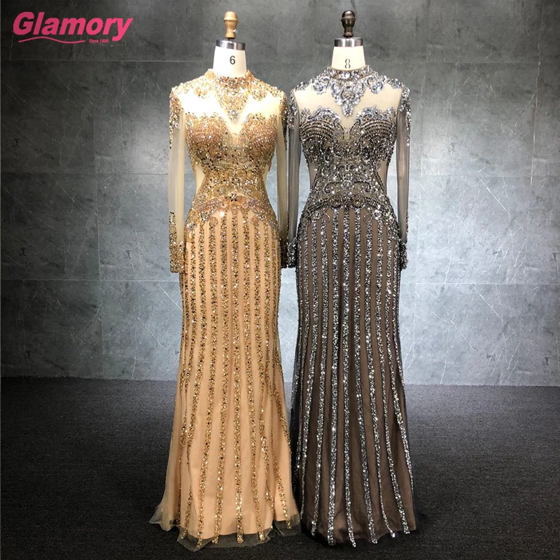 2020 New Women's Long Sleeve Dress Luxury Beading Mermaid Party Halter Neck Turkish Evening Dresses