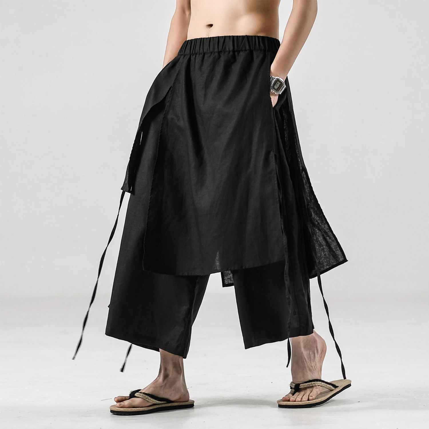 

Men Chinese Style Cotton Linen Pants Black Wide-Leg Pants Men Comfortable Skirt Pants Ancient Male Loose Hanfu Kung Fu Trousers