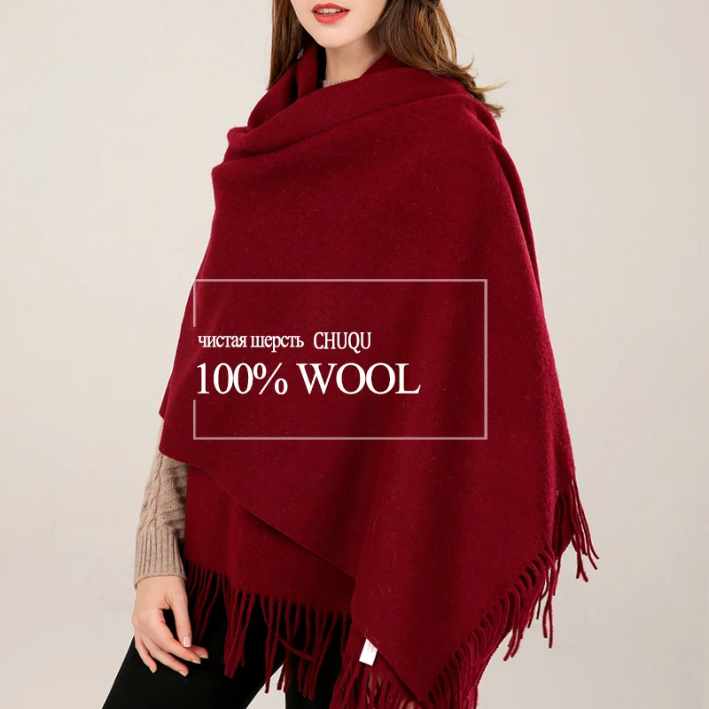 100% Real Wool Shawl Scarf Women Winter Warm Pashmina Wraps Tassel Cashmere Scarf Echarpe Red Wool Scarf Thick Foulard Femme