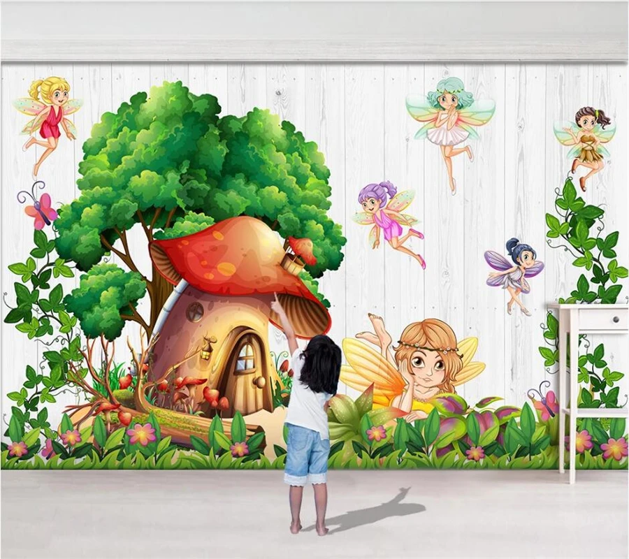 

Custom wallpaper 3d hand-painted cartoon mushroom house fairy flowers and butterflies mural children room background wallpapers