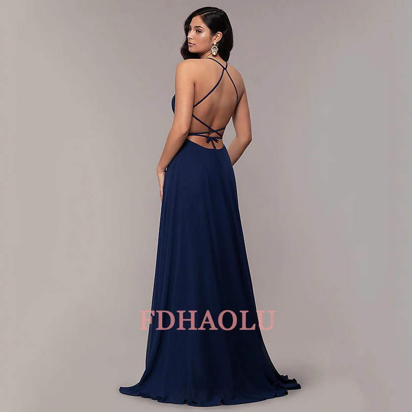 Customized AE40 Navy Blue Plus Size Prom Dresses A-Line Backless Sleeveless Elegant Chiffon Formal Party Gowns Vestido