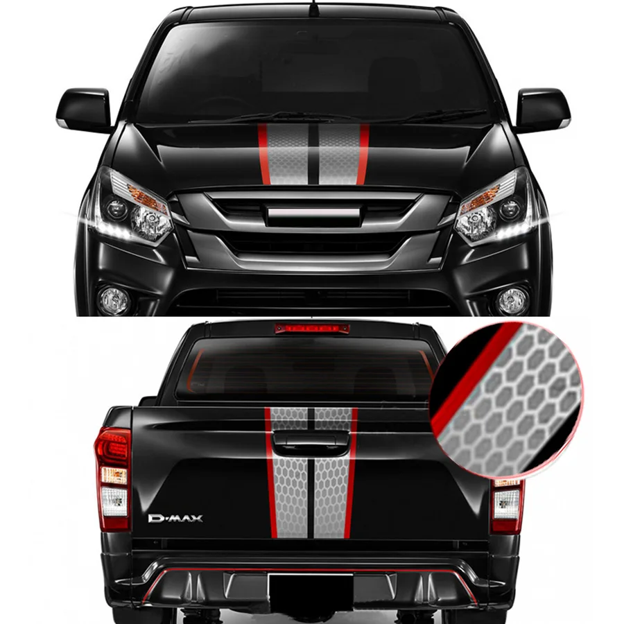 

Honeycomb Head Hood and Rear Trunk Stripe Vinyl Decal Graphic Film Stickers for ISUZU D-MAX DMAX Pickup Truck