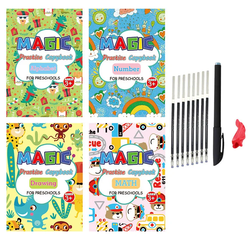 4 Books + Pen Magic Practice Book copybook for school English Word Sticker Groove Copybook For Calligraphy Montessori Toys WXICQ