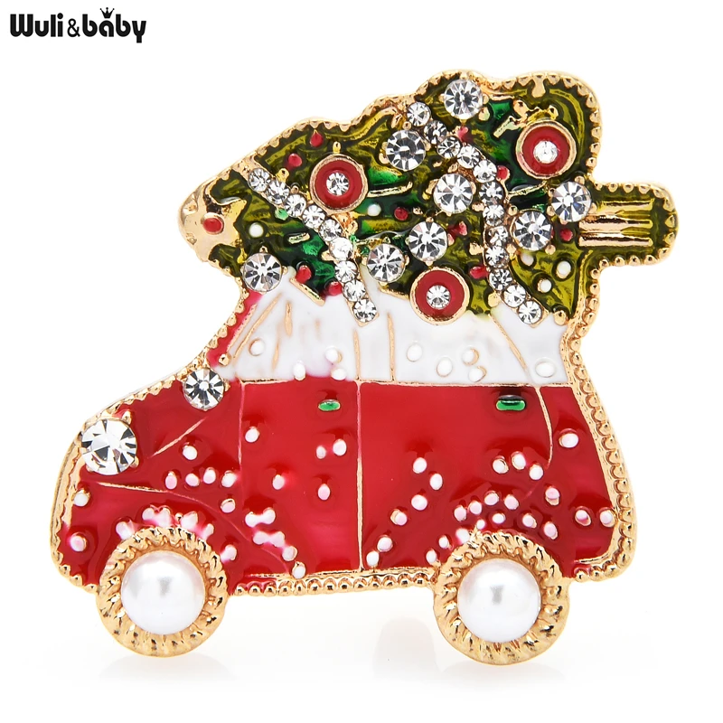 Wuli&baby Car Taking Christmas Tree Brooch Pins Enamel New Year Cute Badge Women Fashion Jewelry Gift Trendy Brooches