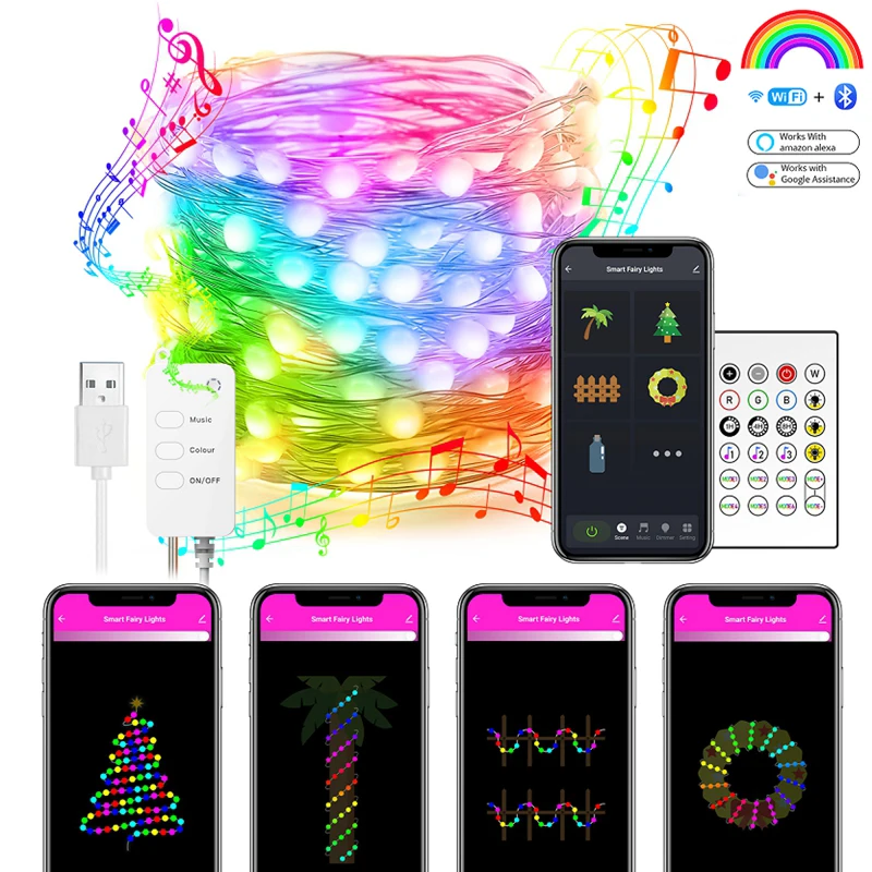 Guirlande lumineuse LED RGB intelligente, wi-fi/Bluetooth, 5/10/20M, pour fête, mariage, décoration d'arbre de noël