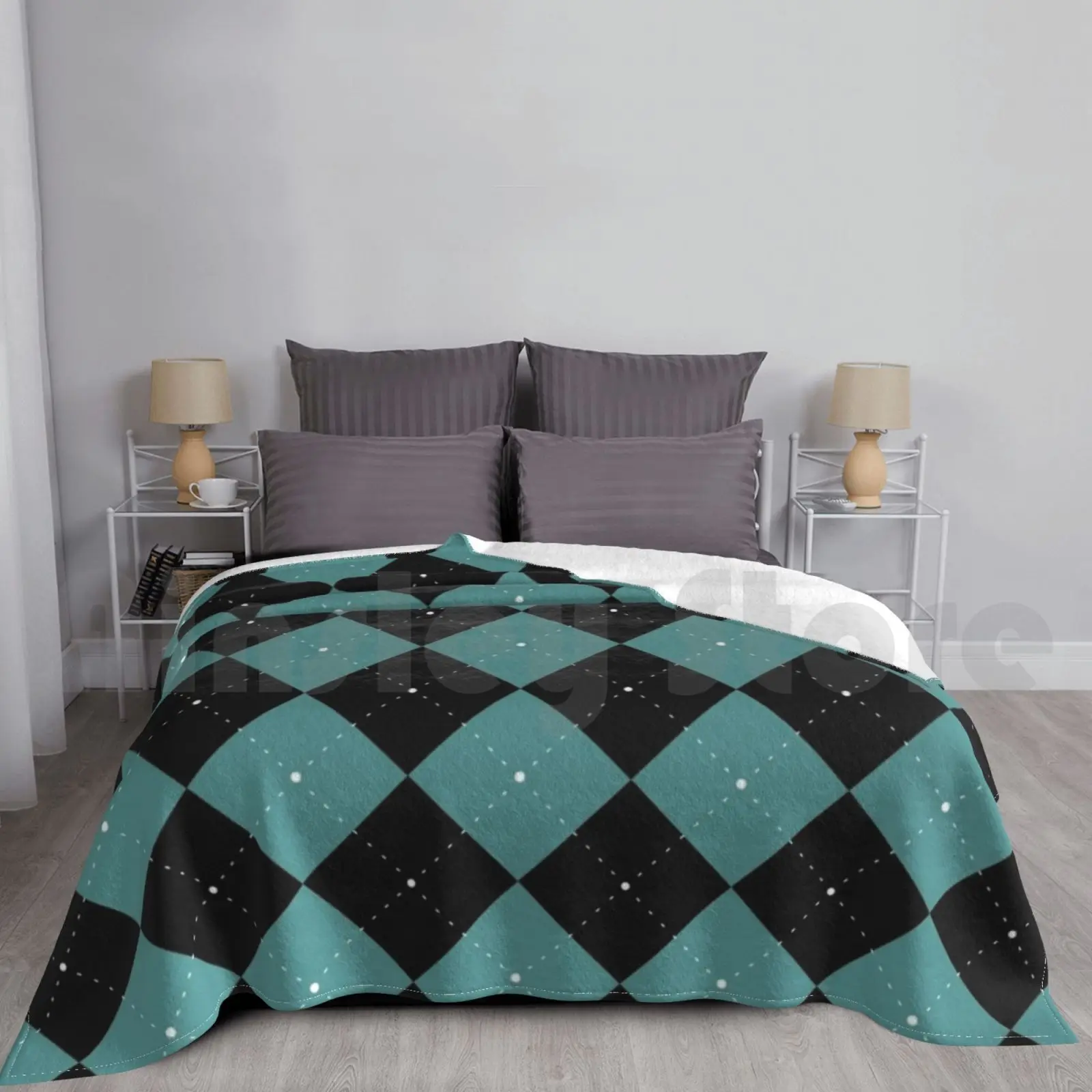 Argyle Checkered Fabric Pattern Fashion Blanket Fashion Custom Shades Of Green Blue Turquoise Cyan Abstract