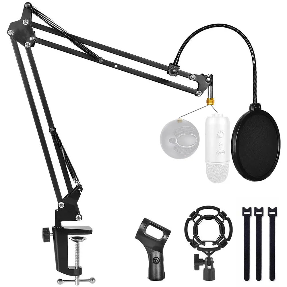 Microphone Stand For Blue Yeti and Blue Snowball With Mic Pop Filter and Heavy Duty Boom Scissor Arm Stands For BM 800 Mic