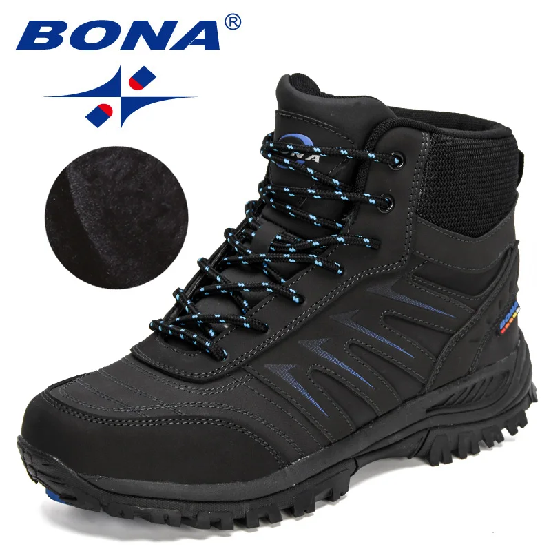 BONA-Ankle Boots de Pelúcia Quente para Neve Masculina, Tênis Antiderrapantes, Botas de Caminhada, Couro de Ação, Designers Brand, Inverno, Novo,