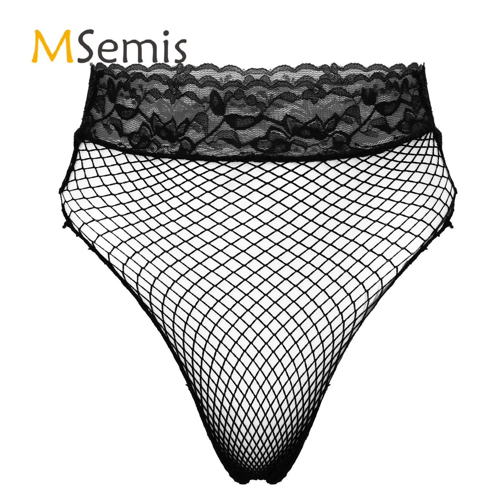 Womens Lingerie See-through Mesh Underwear Lace Waistband Briefs Low Waist Hollow Out Transparent Fishnet Underpants