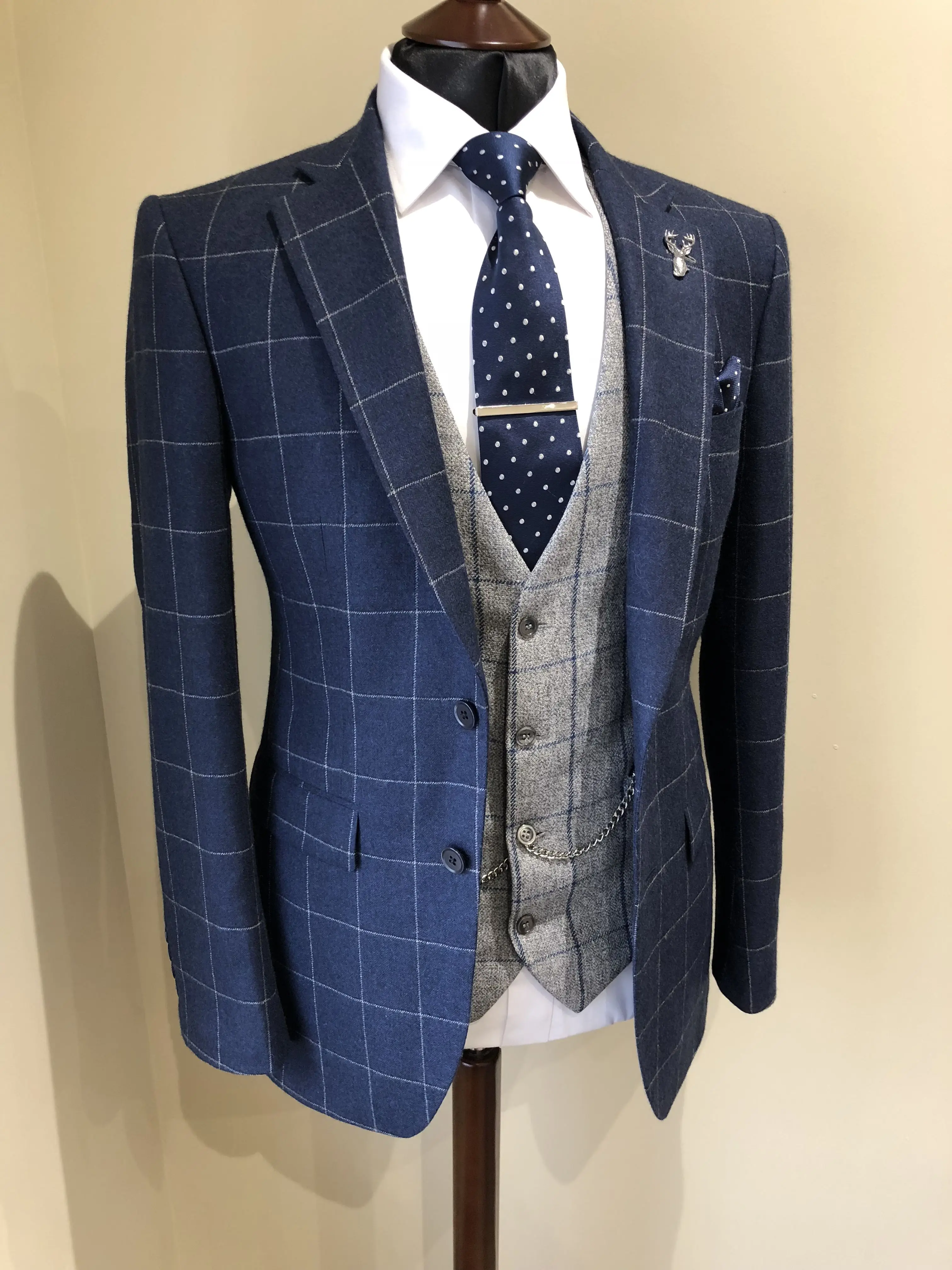 

(Jacket+Pants+Vest) Fashion Design Men Suit Blue Plaid Wedding 3 Piece Men Cloth Handsome Formal Evening Party Man Jacket Coat