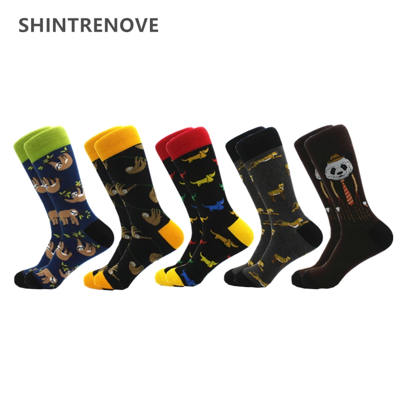 Chaussettes décontractées en coton peigné pour hommes, imprimé animal, haute qualité, compression drôle, heureux, lot de 5 paires