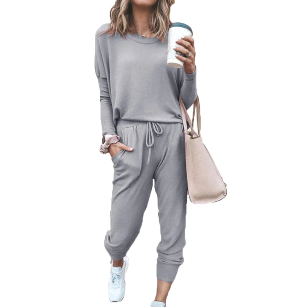 Women Solid Color Long Sleeve O Neck Blouse Top Drawstring Pants Sport Tracksuit Sports shirts autumn winter set Tracksuit Women