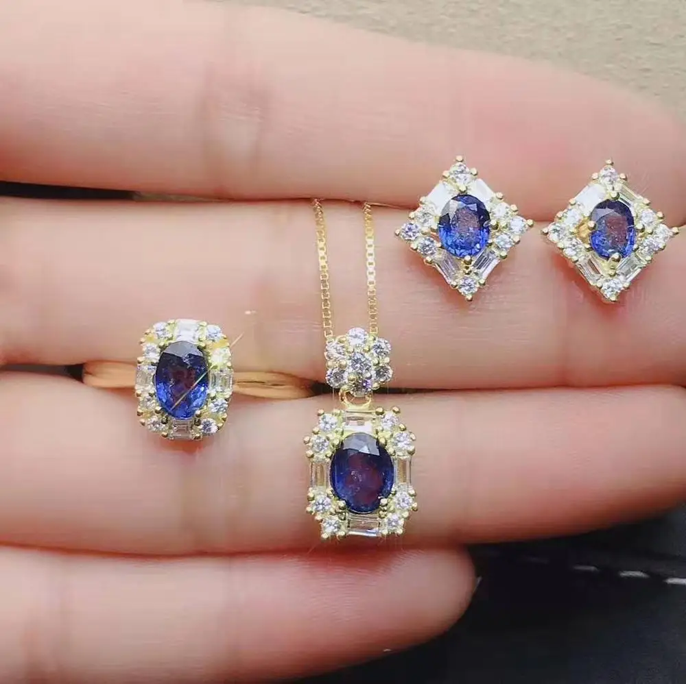 

FS Natural Sapphire S925 Sterling Silver Earrings Ring Pendant Necklace Luxury Set for Women Fine Charm Wedding Jewelrry MeiBaPJ