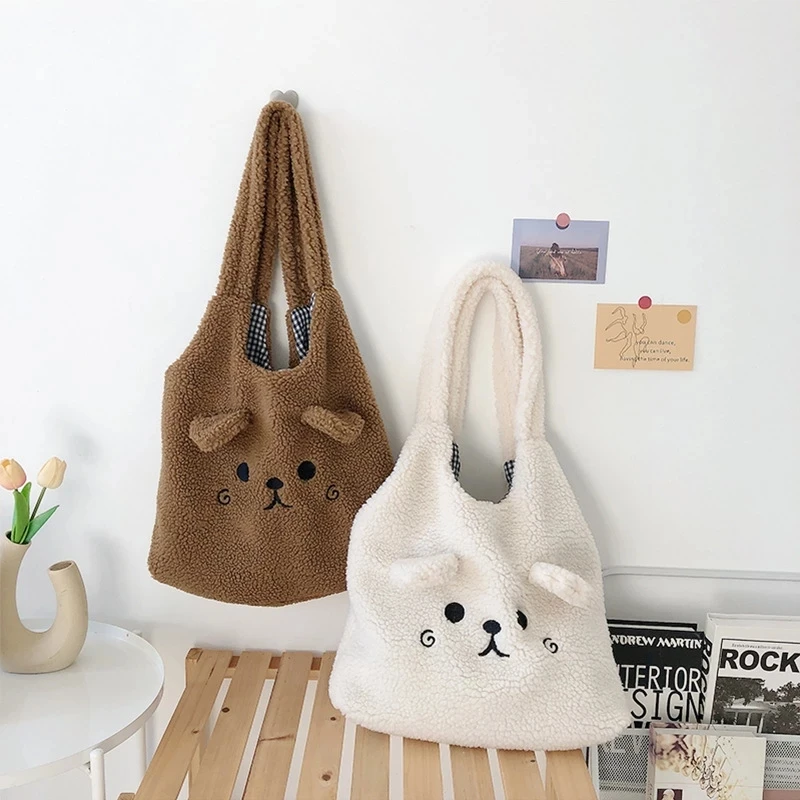 

New Winter Soft Plush Tote Bag Women Cartoon Embroidery Imitation Lamb Hair Shoulder Bag For Women Shopper Bag Bolsa