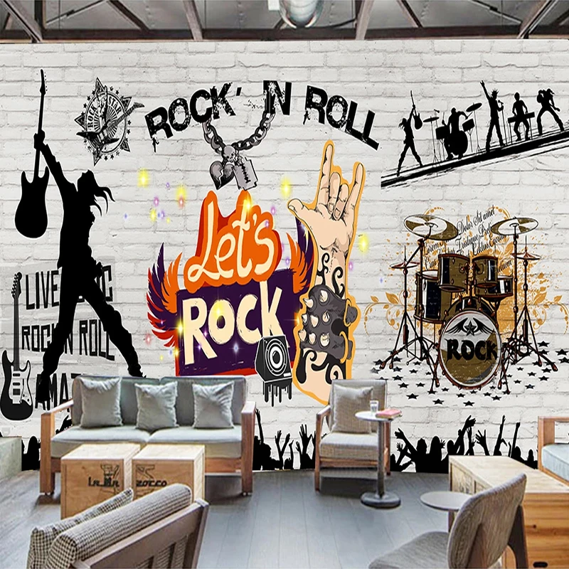 

Custom 3D Mural Wallpaper White Brick Pattern Retro Nostalgia Music ROCK Graffiti Poster Wall Painting Restaurant KTV Bar Decor