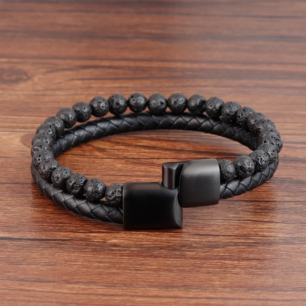 Punk Men Braid Bracelet Multilayer Leather Natural Stone Beaded Bangle Stainless Steel Magnetic Clasp Male Jewelry