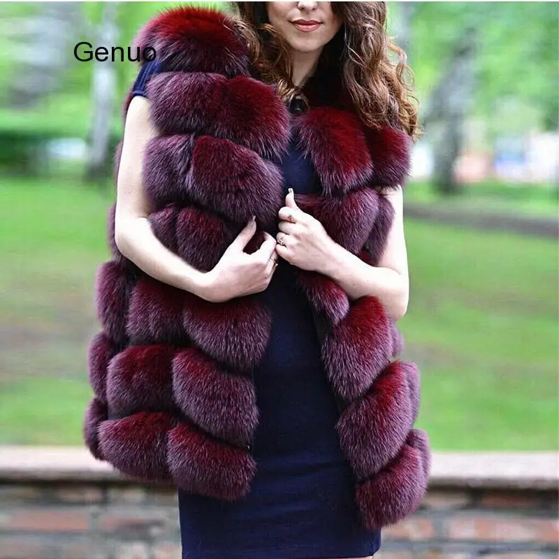 70Cm Long Fox Fur Vest for Women Faux Leather Fur Coats Winter Female Fox Fur Jacket Luxury Outerwear Winter Overcoat Femme