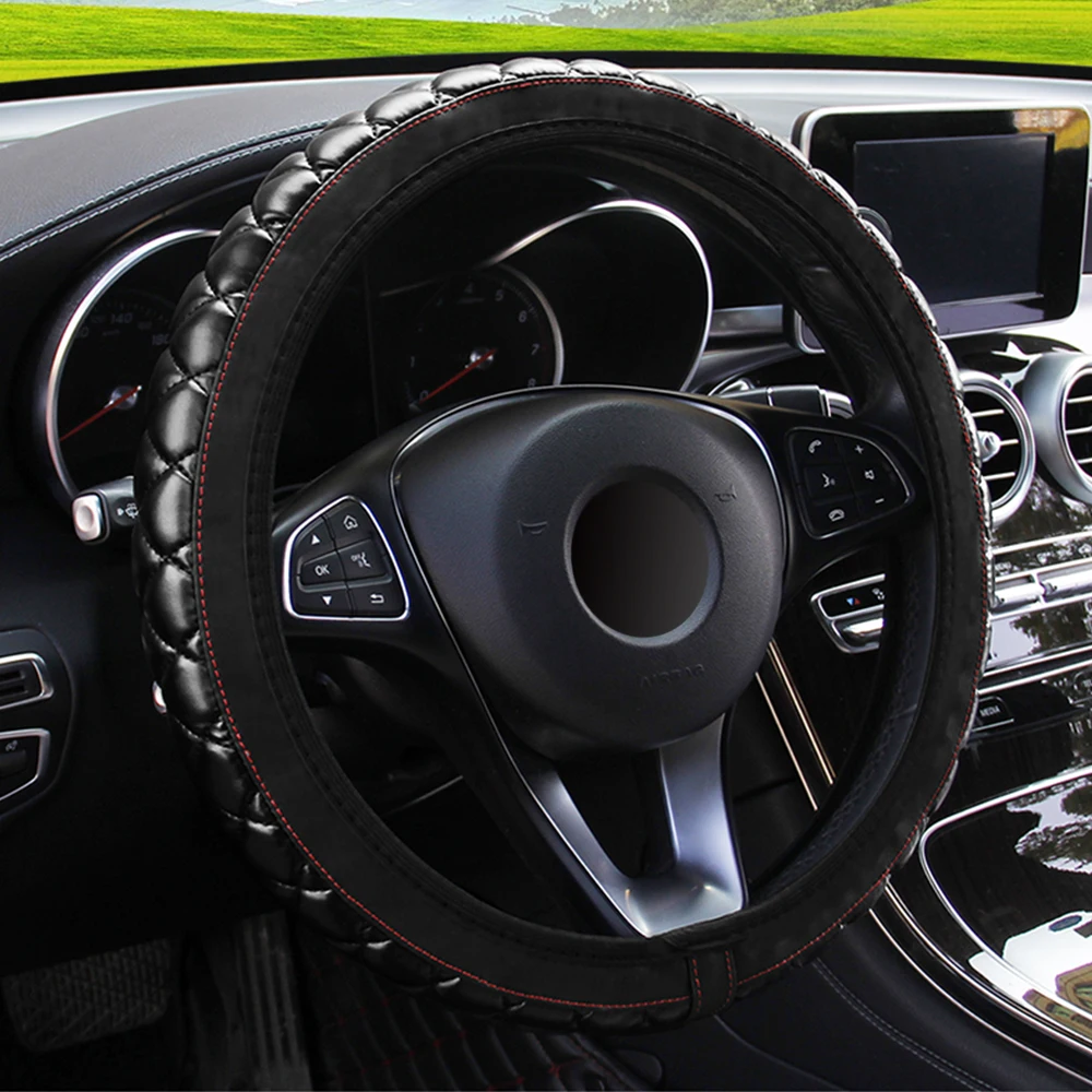 PU Leather Car Interior Accessories Steering Wheel Cover 37-38CM Diameter Crystal Crown Steering Covers