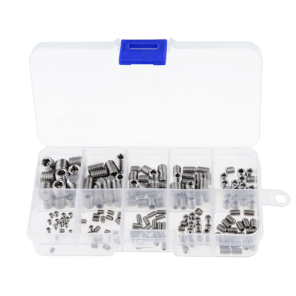 

200PCS/Box M3 M4 M5 M6 M8 Stainless Steel Hex Socket Set Screw Grub Screws Assortment Kit