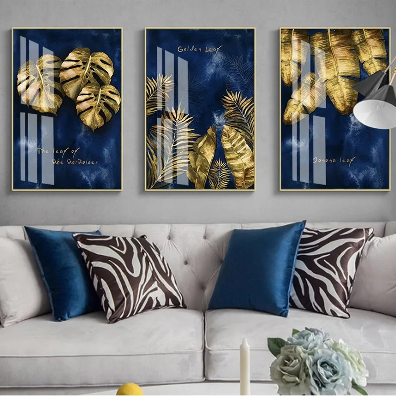 Golden And Blue Background Wall Art Print Plant Leaf Banana Manstera Poster Nordic Canvas Painting Pictures Room Decoration