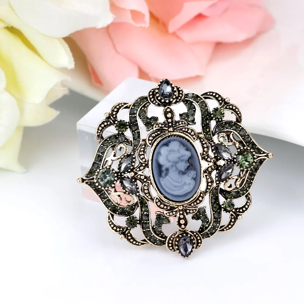 Sunspicems Vintage Turkish Gray Crystal Queen Brooch Pins Bohemia Morocco Ethnic Wedding Brooches Rhinestone Scarf Lapel Jewelry