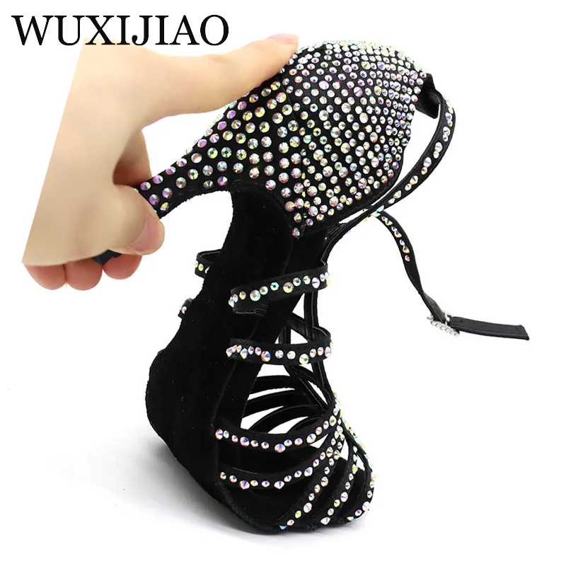 WUXIJIAO Pearl Rhinestones Latin Dance Shoes Women Bachata Salsa Latin Dance Shoes For Girls Vocational Training Shoes