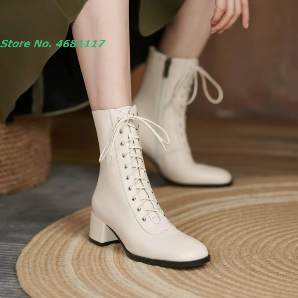 Front Lace Up Beige Stretch Thin Boots Leather Splicing Round Toe Med Chunky Heels Ankle Shoes Sewing British Style Side Zipper