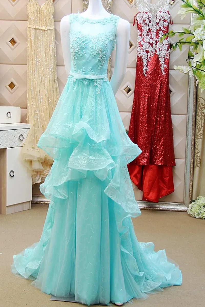 Vestido de festa Perlen himmel blau spitze lange 2018 sexy sehen durch zurück appliques bogen Abendkleid mutter der braut kleider